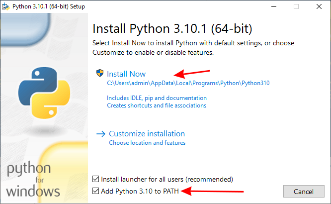 Python installer window with arrows pointing to "Launch when ready" and "Install Python"